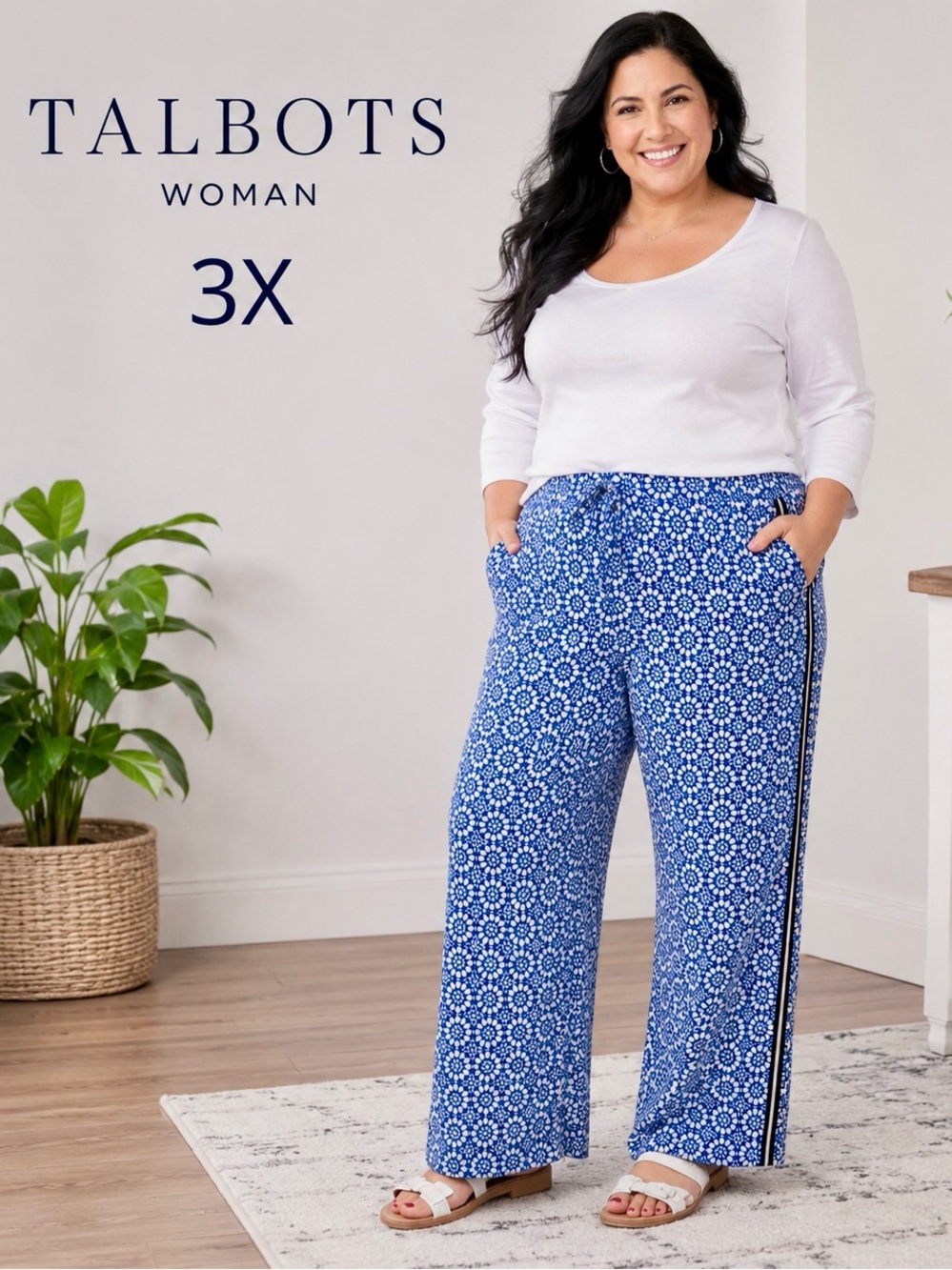 Talbots Woman 3X Blue & White Geometric Print Pull-On Wide Leg Pants Plus Size